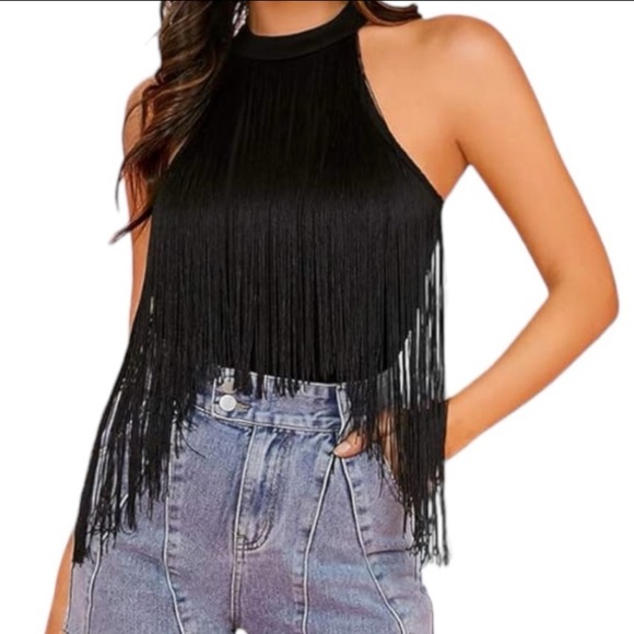 Black Fringe High Neck Bodysuit size M - Picture 2 of 7